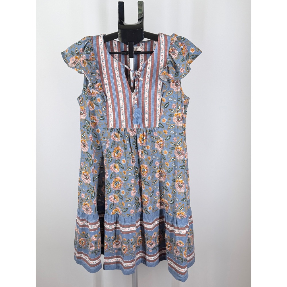 Matilda Jane Floral Boho Mini Dress Small Blue Orange Flutter Sleeve Tassel Tie